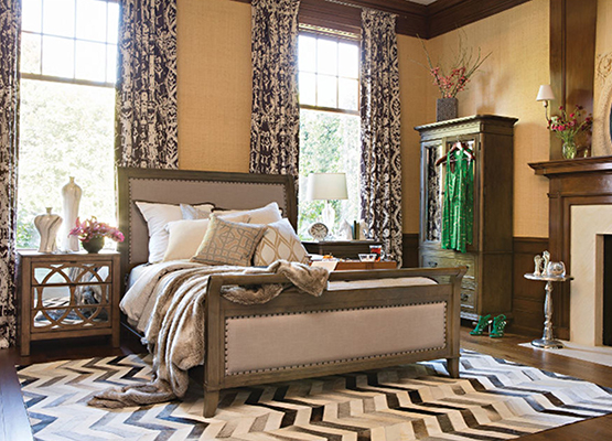 relaxing bedroom with nailhead trim