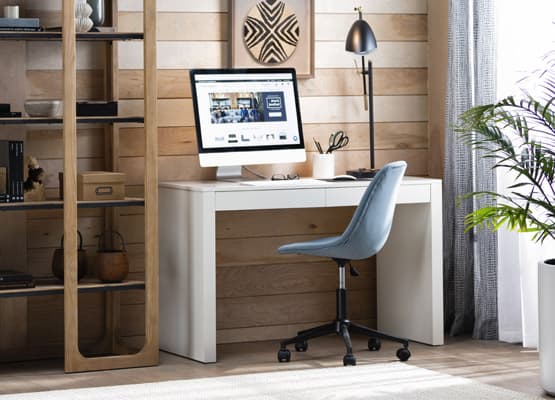 midcentury modern desk blue chair