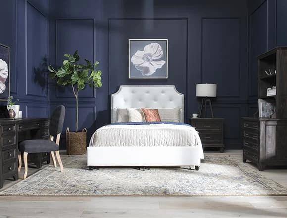 Blue Bedroom with Sophia II Queen Upholstered Panel Bed With Storage
