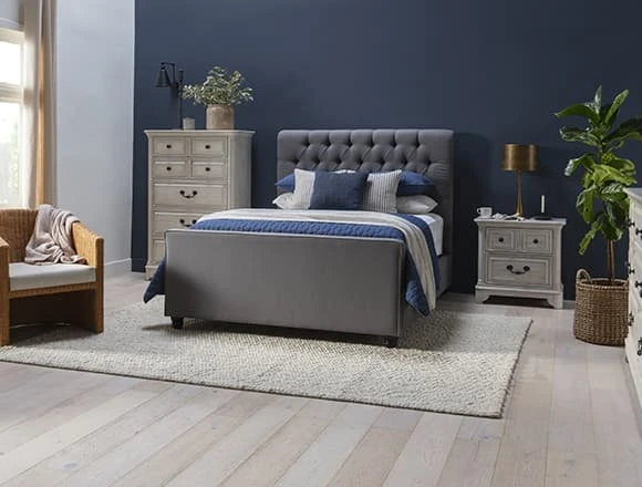 Blue Bedroom with Leighton Queen Upholstered Platform Bed