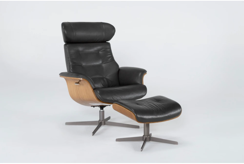 Amala Dark Grey Leather Reclining Swivel Arm Chair with Adjustable Headrest And Ottoman