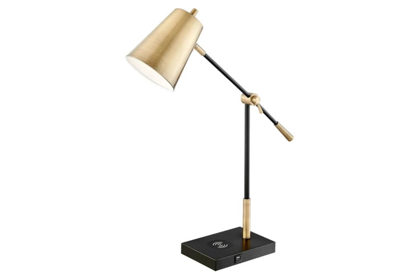 30 Inch Gold Brass + Black Metal Desk Task Lamp With Usb Port + High Speed Wireless Charge - 360