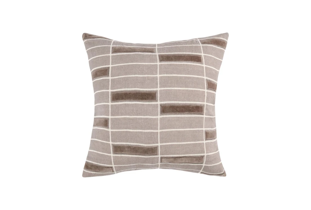 22X22 Taupe + Velvet Applique Rectangle Grid Linen Throw Pillow