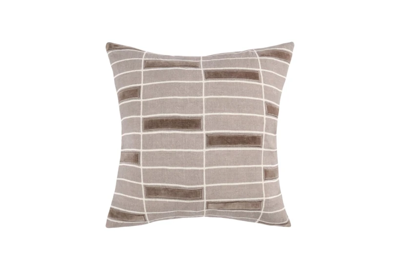 22X22 Taupe + Velvet Applique Rectangle Grid Linen Throw Pillow - 360