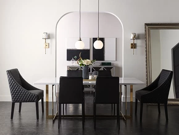 Black Dining Room with White Stone Top Dining Table