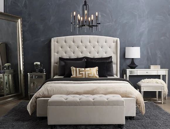 Black Bedroom with Mariah Queen Velvet Upholstered Panel Bed