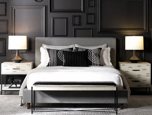 Black Bedroom with Dean Charcoal Queen Upholstered Panel Bed