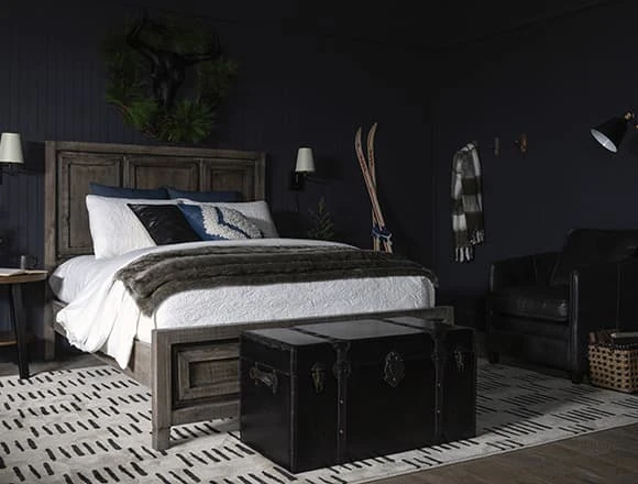 Black Bedroom with Coop Grey Queen Panel Bed