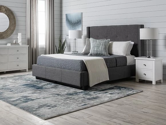 Grey Bedroom with Damon Charcoal Queen Upholstered Platform Bed with Storage
