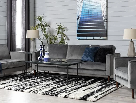 Grey Living Room with Fairfax Steel Grey Velvet Sofa