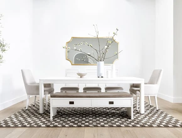 White Dining Room with Centre 7 Piece Extension Dining Set With Side, Arm Chrs And Bench By Nate Berkus And Jeremiah Brent