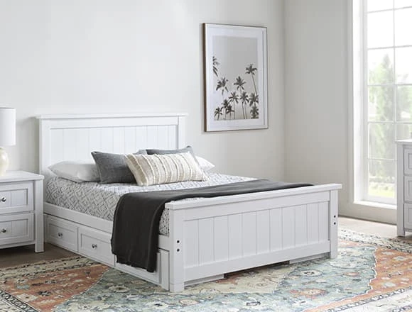 White Bedroom with Mateo White Full Panel Bed With Double 3 Drawer Storage Unit