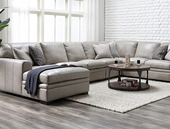 Transitional Bachelor Pad with Greer Stone Leather 4 Piece Sectional