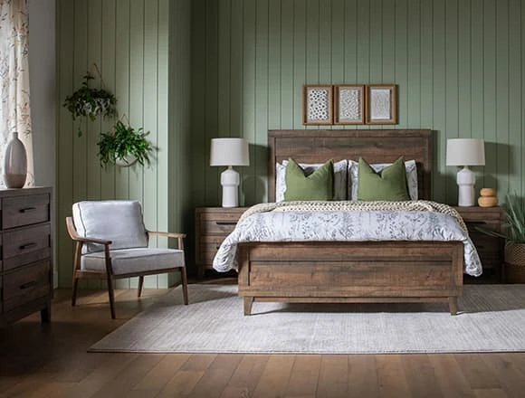 Rustic Sage Green Bedroom with Ranier Queen Panel Bed