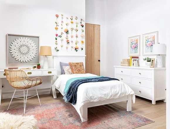 Boho Bedroom with Larkin White Twin Panel Bed With Storage