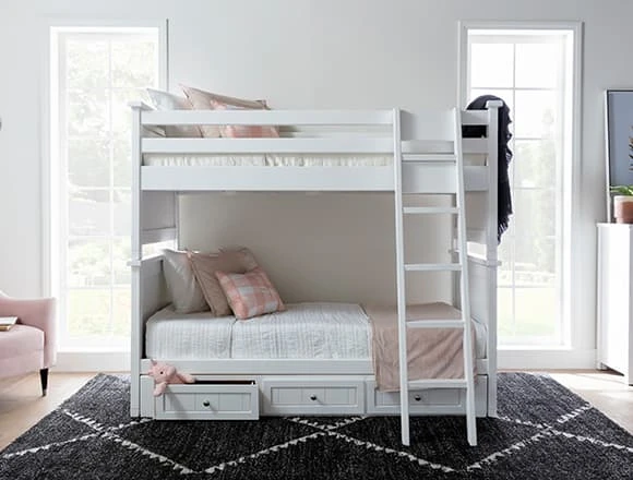 Modern Bedroom with Mateo White Twin Over Twin Bunk Bed With 3 Drawer Storage Unit