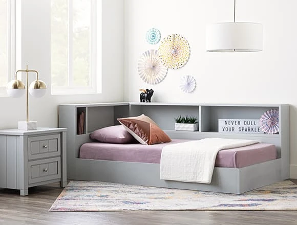 Modern Bedroom with Mateo Grey Twin Corner Bookcase Bed