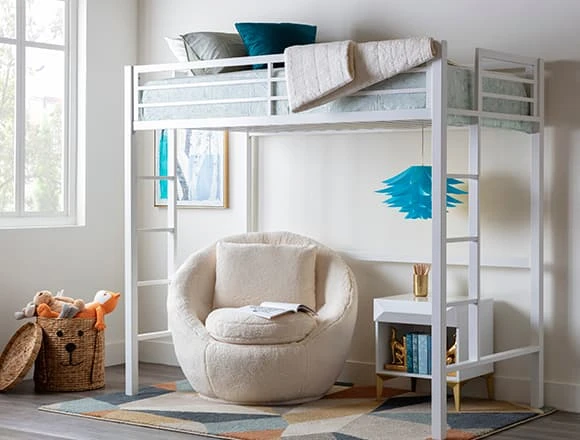 Modern Bedroom with Orson White Metal Loft Bed