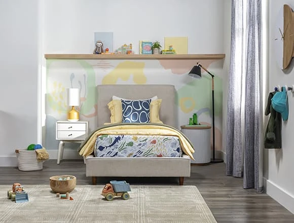 Mid Century Kids & Teens Bedroom With Dean Sand Twin Upholstered Panel Bed
