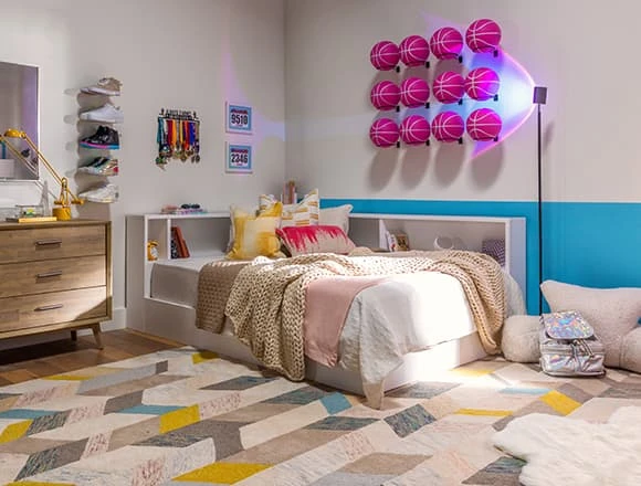 Modern Kids Bedroom With Mateo White Full Corner Bookcase Bed