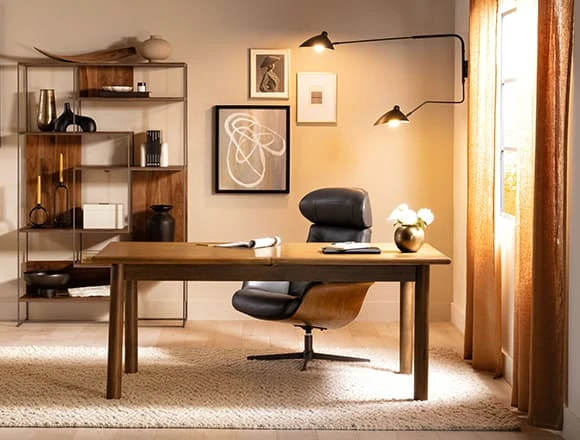 Mid-Century Modern Office Design With Amala Dark Grey Leather Reclining Swivel Chair 