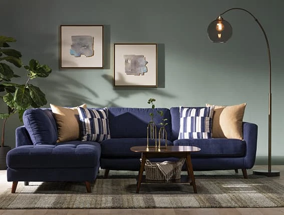 Mid Century Small Apartment With Ginger Denim 109" Sleeper Sectional With Left Arm Facing Chaise 