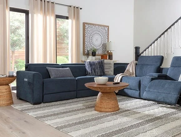 Boho Living Room with Chanel Denim 6 Piece 132" Power Reclining Sectional