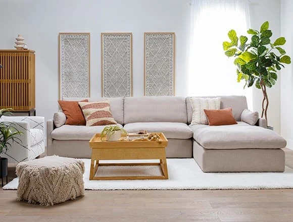 Boho Living Room with Jil 3 Piece 131" Sofa With Ottoman