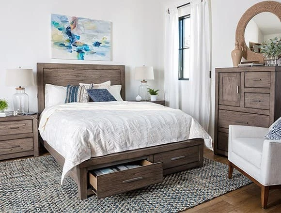 Coastal Bedroom with Riley Greystone Queen Panel Bed W/Storage