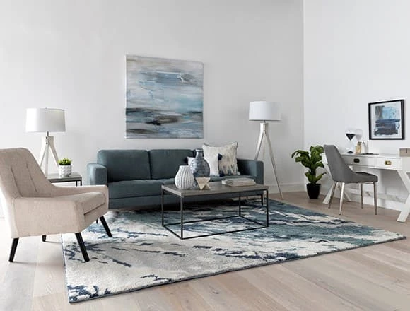 Coastal Living Room with Aaron Steel Blue Sofa