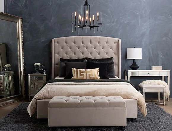 Glam Bedroom with Mariah Queen Velvet Upholstered Panel Bed