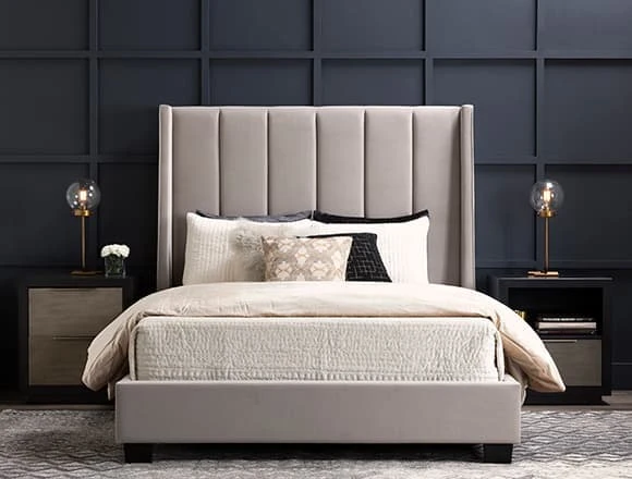 Glam Bedroom with Topanga Eastern King Velvet Upholstered Panel Bed