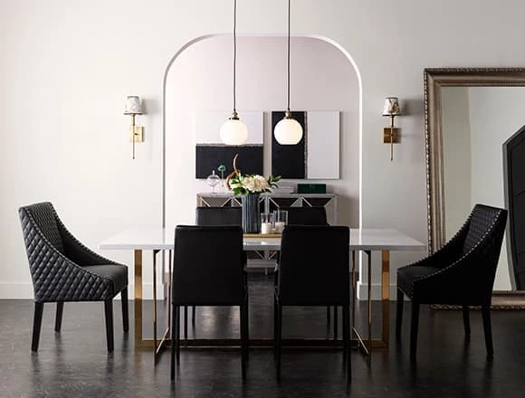 Glam Dining Room with White Stone Top Dining Table