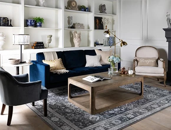 Mid Century Living Room With Fairfax Denim Velvet 90'' Sofa