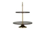18 Inch Dark Wood + Gold Metal Modern Two Tier Tray - Front
