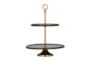 18 Inch Dark Wood + Gold Metal Modern Two Tier Tray - Signature