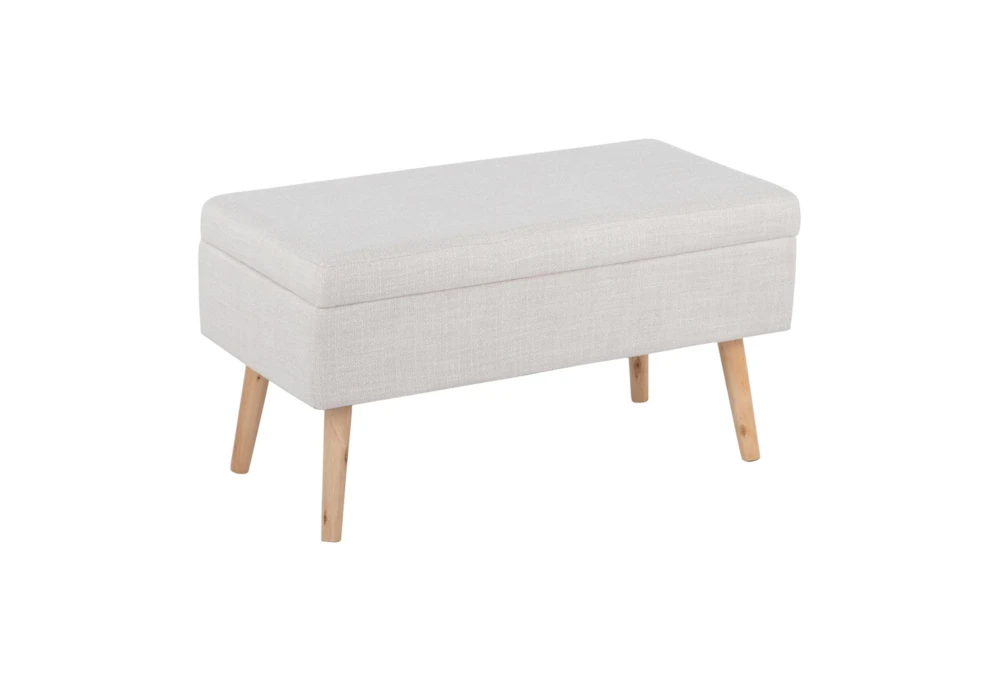 31" Beige Storage Bench With Natural Wood Legs