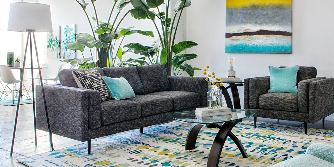 Coastal Living Room with Aquarius Dark Grey Sofa | Living Spaces