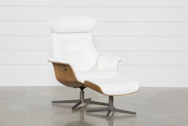 Amala White Leather Reclining Swivel Chair With Adjustable Headrest And Ottoman