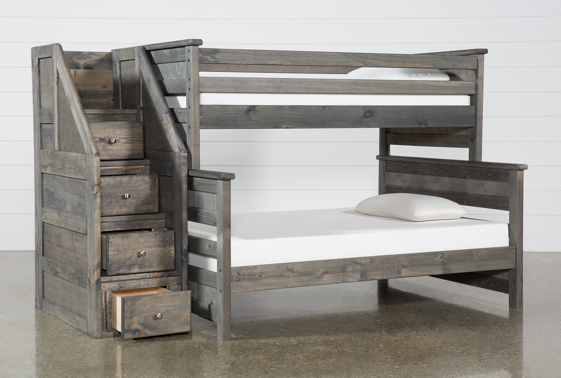 wooden bunk beds with storage
