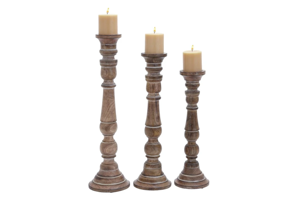 Set Of 3 Whitewashed Wooden Candle Holders Brown - Olivia & May