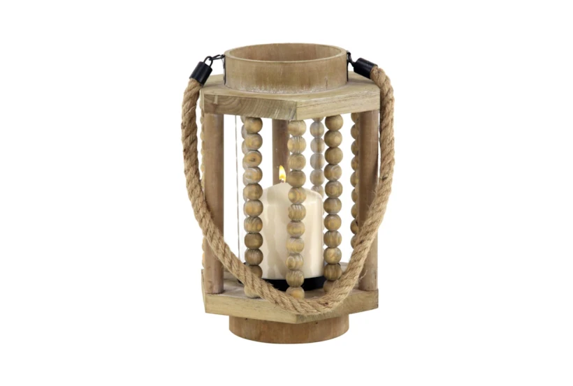 Beige 11 Inch Wood Glass Lantern - 360