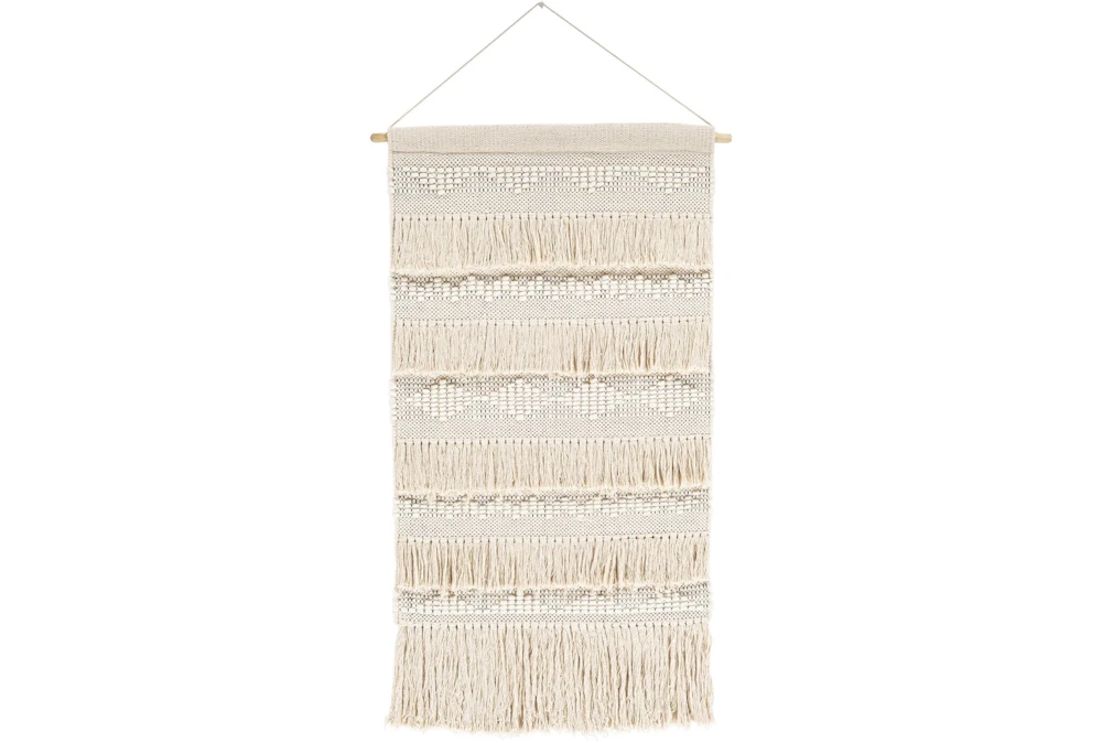 24X36 White + Natural Woven Cotton + Wool Fringe Tapestry Wall Decor