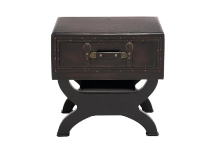 Traditional Style Navy Blue Storage Trunk Chairside Table With 2 Drawers  And Leather Trim