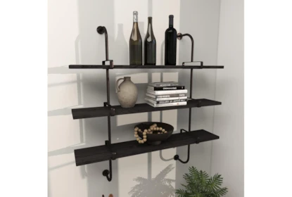 38X39 Inch Metal + Wood Plank 3 Tier Wall Shelf