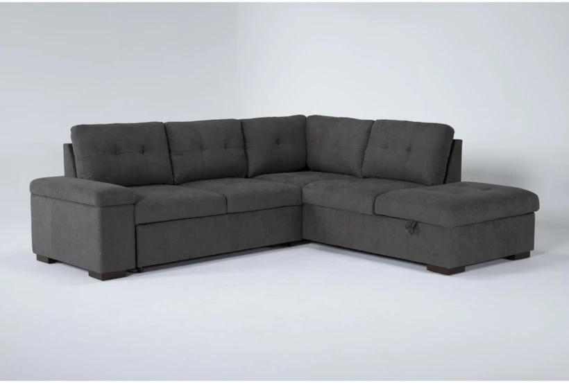Flinn Grey Fabric 103" 2 Piece Convertible Futon Sleeper L-Shaped Sectional with Right Arm Facing Storage Chaise - 360