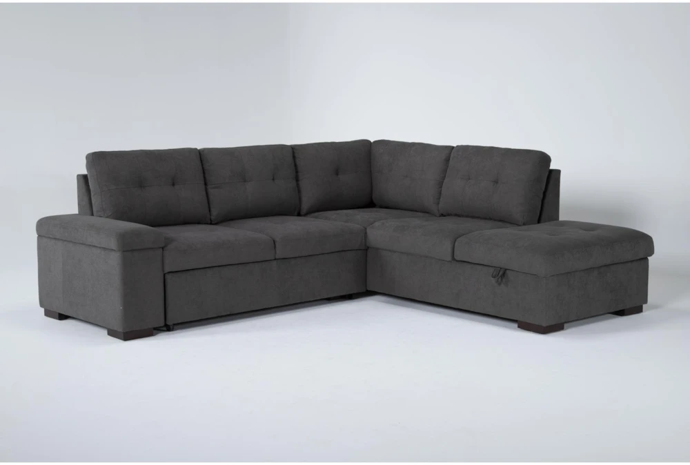 Flinn Grey Fabric 103" 2 Piece Convertible Futon Sleeper L-Shaped Sectional with Right Arm Facing Storage Chaise