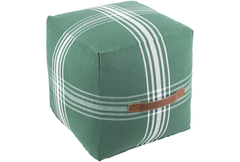 16X16 Green and White Plaid Cube Pouf With Cognac Leather Handle - 360