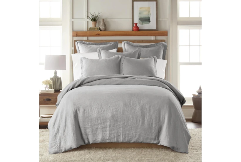 Twin Washed Linen Duvet Cover In Light Grey - 360