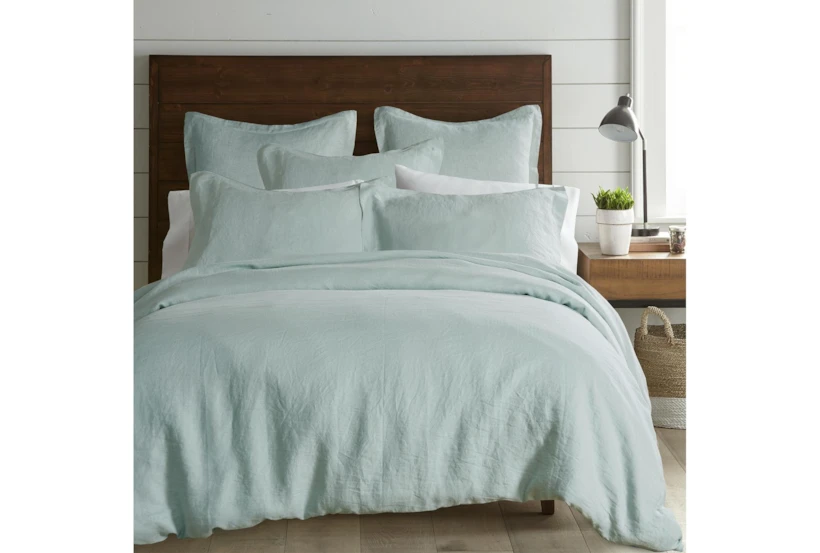 Queen Washed Linen Duvet Cover In Spa Blue - 360